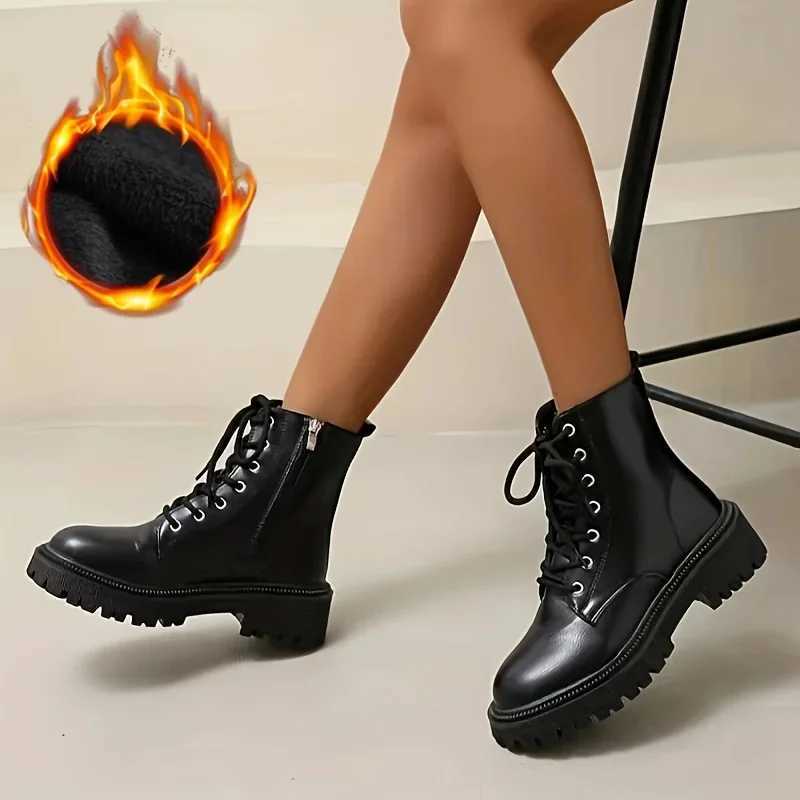 Womens Platform Boots Short Plush Solid Color Lace Side Zipper Ankle Boots Winter Womens Shoes 2024 Large 42 Womens Shoes CL240906
