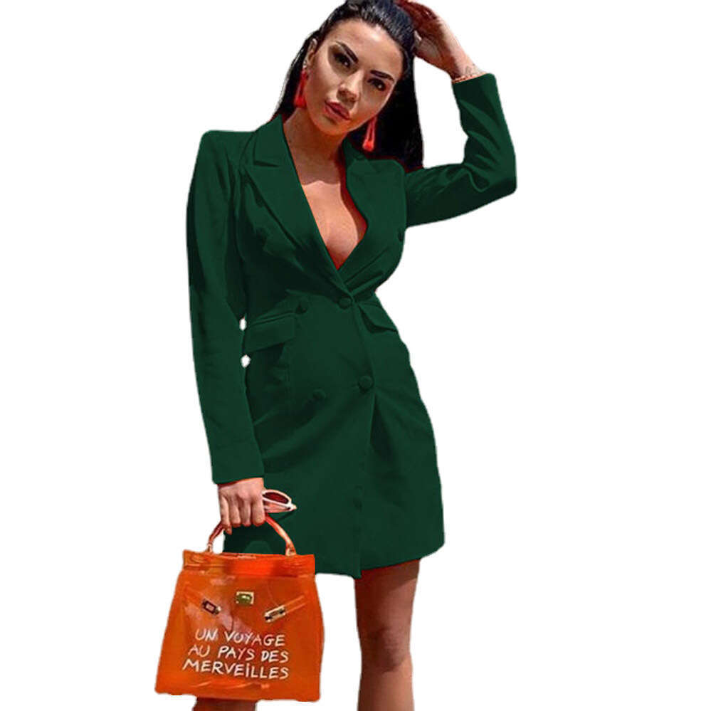 2024 New Women's Solid Color Slim Fit Suit Double breasted Button Long sleeved Flip Collar Coat Top