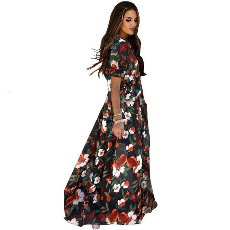 Printed short sleeved dress women's summer new V-neck with waistband for slimming and loose fitting long skirt