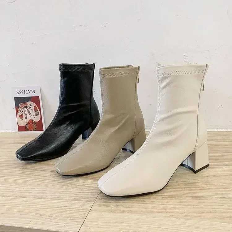 New winter square toe womens zipper ankle boots elegant thick high-heeled short boots for women Botas De Mujer 2024 CL240906