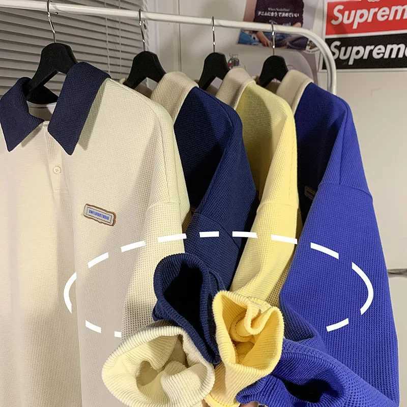 Trendy Inswalf Checks Polo Shirt Collar Two-piece Illusion Long Sleeve Base Layer Top Mens Loose Fit Spring Autumn SweatshirtXJ240906
