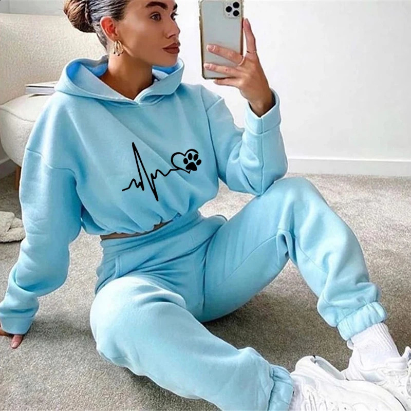 Womens Hooded Tracksuit Drawstring Sports 2 Pieces Set Jogging Pullover Sweatshirts Pants Suit Home Sweatpants Trousers Outfits 240906