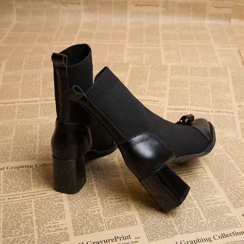 Autumn Womens Knitted Ankle Boots Fashion Metal Decorative Weight Loss Short Boots Autumn Winter Womens Thick Boots CL240906