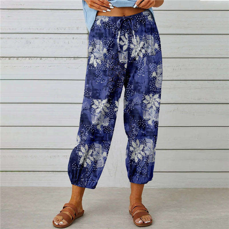 2024 new cotton linen women's high waisted drawstring cropped with elastic waistband and ankle print pants