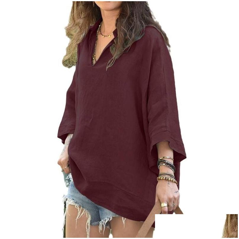 Womens T-Shirt Ddmytoys 2024 Autumn Product Vneck Lapel Color Mid Sleeve Cotton And En Bat Shirt F090536 Drop Delivery Apparel Cloth Dhmho
