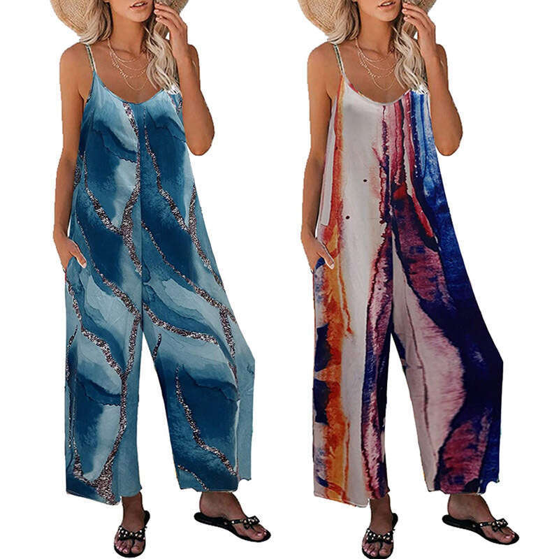 2023 Summer New Strap Women's Printed Pocket Casual Jumpsuit