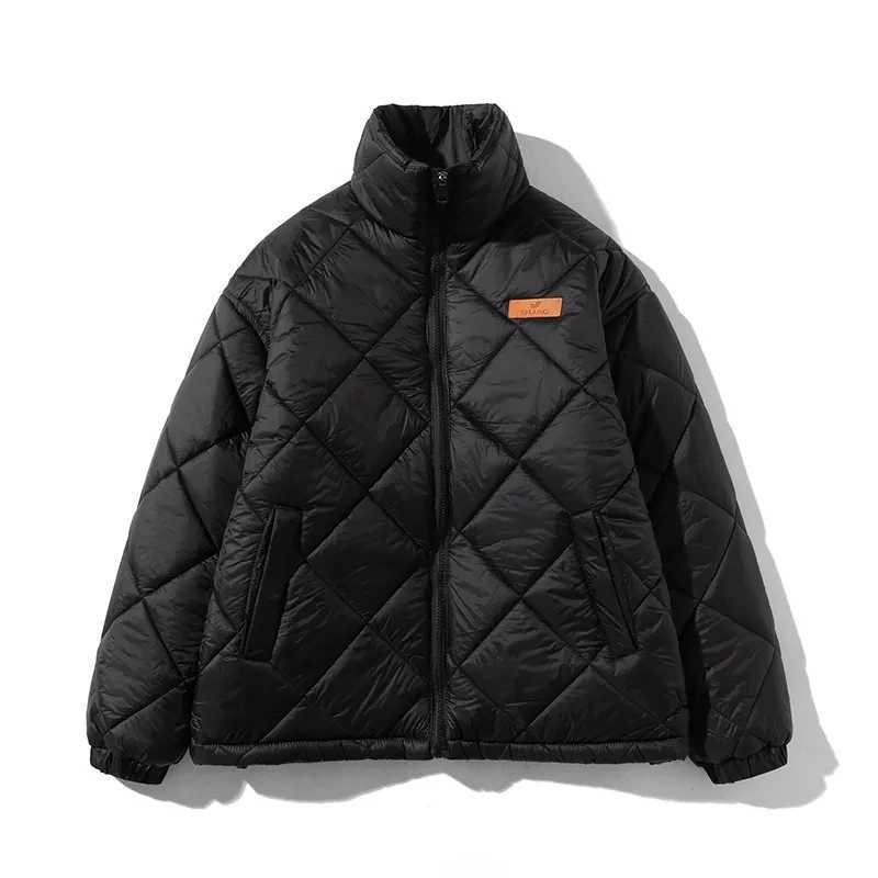 Winter Retro Rhombus Cotton Padded Coats Mens Casual Loose Lightweight Warm Bread Padded Jacket Unisex Standing Collar Parkas M240906
