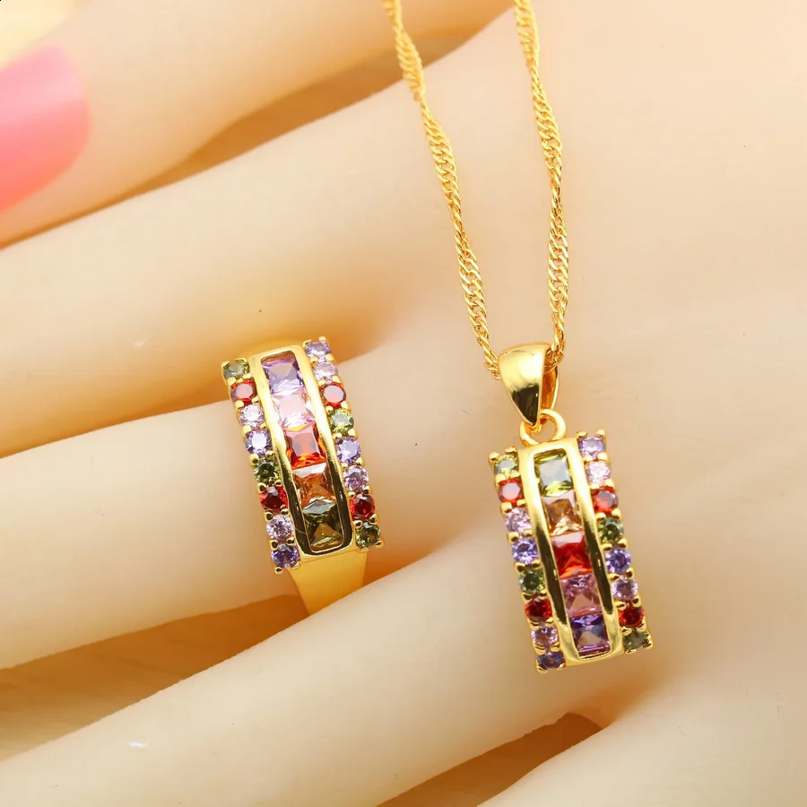 Square multi-color zirconia gold-plated jewelry set suitable for womens earrings necklaces rings birthday gifts 240906