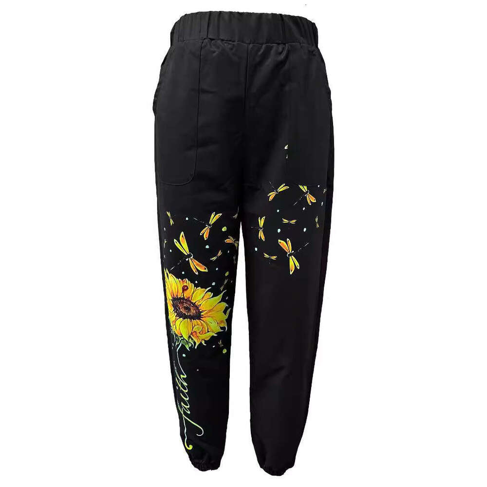 2024 new summer loose casual printed sunflower elastic waisted cropped pants for women
