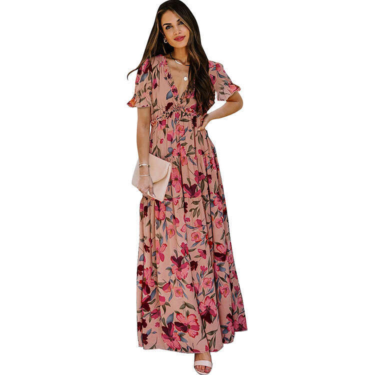 Printed short sleeved dress women's summer new V-neck with waistband for slimming and loose fitting long skirt