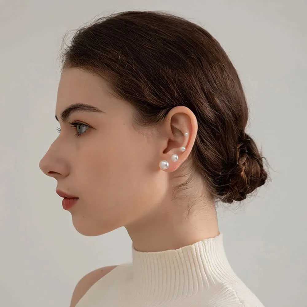 1 pair of hypoallergenic surgical stainless steel round pearl bead stud earrings set suitable for women teenagers girls 6/8/10/12mm W241023