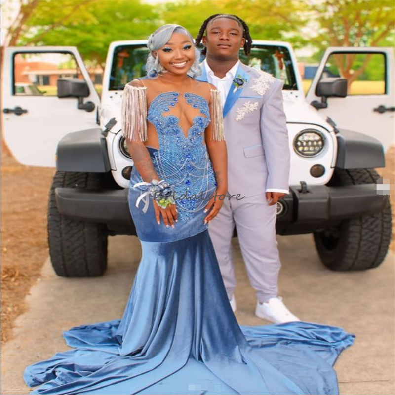 Unique Blue Prom Dresses For Black Girls Rhinestone Beaded Mermaid Velvet Evening Gowns With Tassel 2025 Formal Birthday Party Bespoke Special Occasio