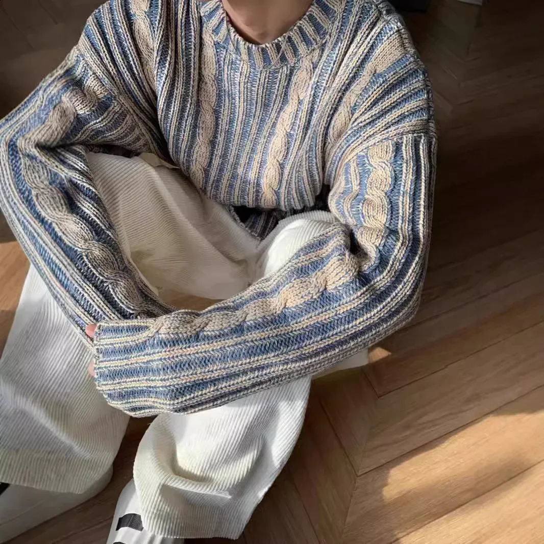 Vintage Striped Color Blocking Sweater For Men Women Autumn Winter High Street Trendy Knitted Top Crew Neck 240906