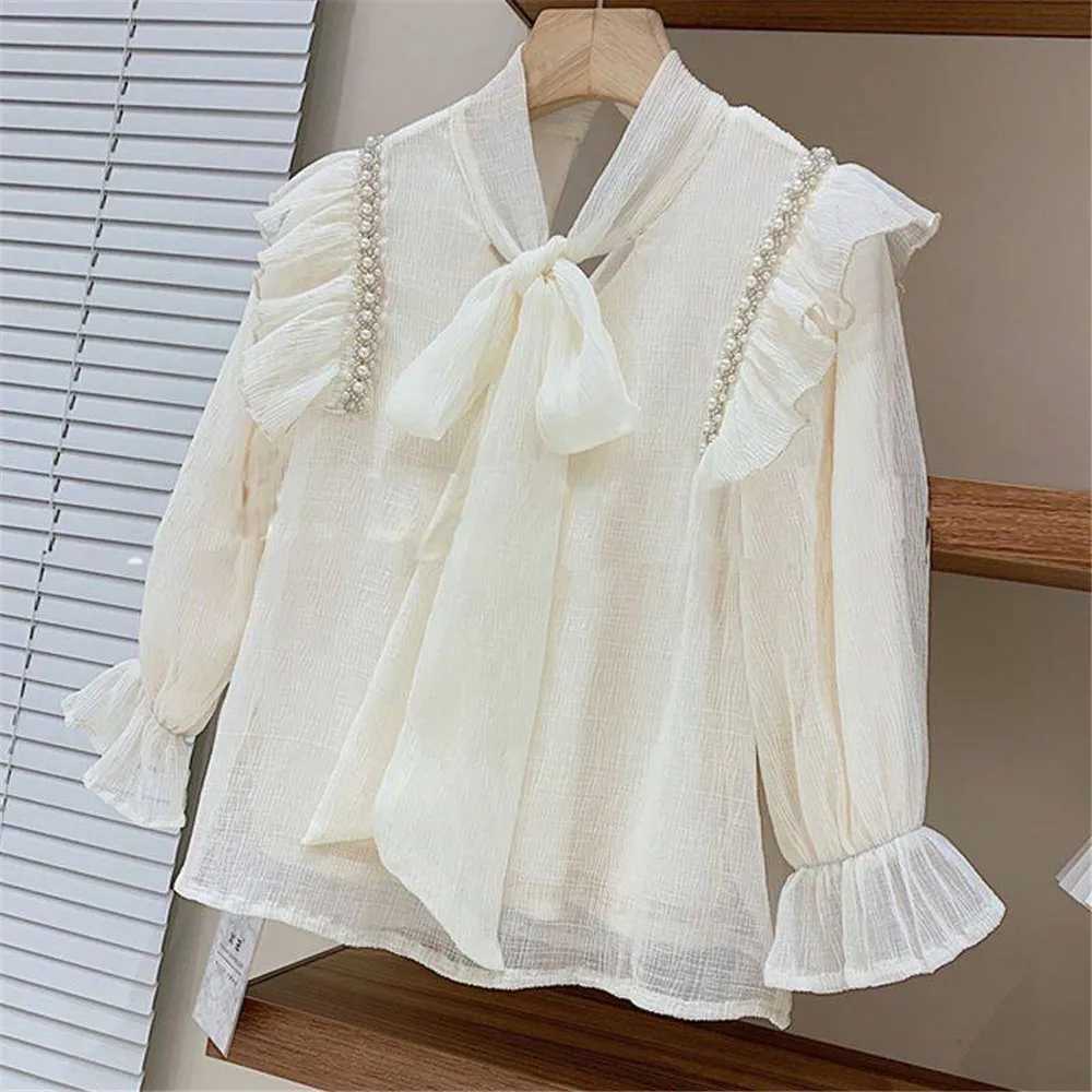 Girls Blouses Spring Chiffon Long Sleeve Preppy Cute Kids Beige Shirts Cotton Girls Clothes School Uniform Vestidos 6 8 10 Years Y240906