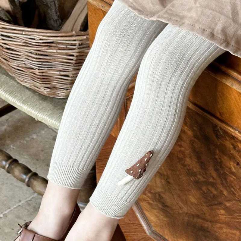 Autumn Baby Girls Leggings Ribbed Pants Cotton Solid Toddler Kid Leggings With Mushroom Decor Casual Pants Kids Outfits Trousers Y240906