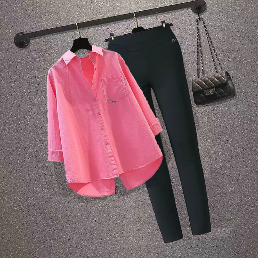 Womens Casual Sets Oversized Cotton Shirts Solid Long Sleeve Streetwear Top Blouse Sweet Loose Elastic Waist Pencil Pants Suit 240906