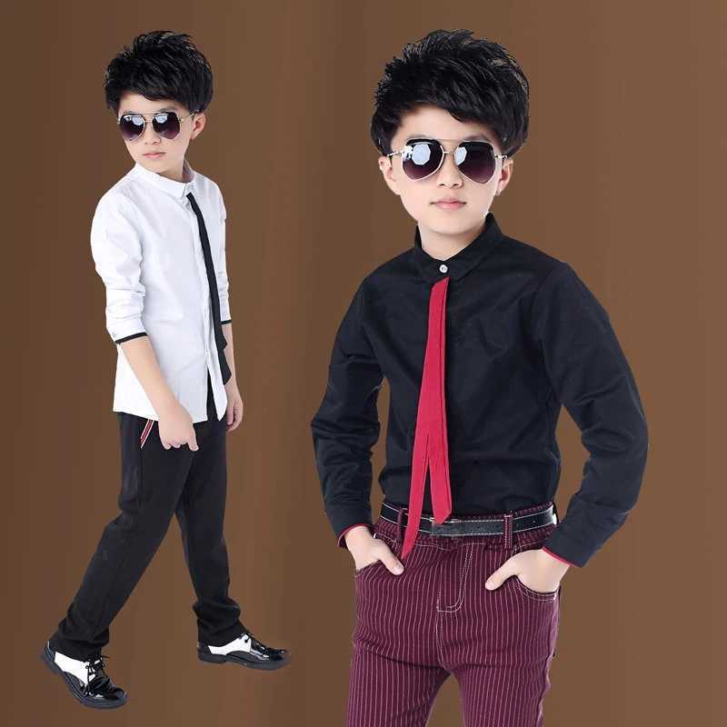New Spring Autumn Winter Childrens Korean Shirt Big Kids Long-sleeved Shirt Boys Plus Velvet Thickening White Shirt Y240906