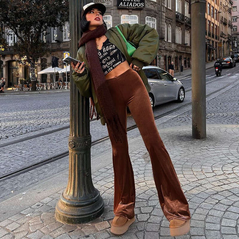 2024 Spring New Solid Color Velvet Elastic High Waist slimming casual micro flared for women's fashion pants