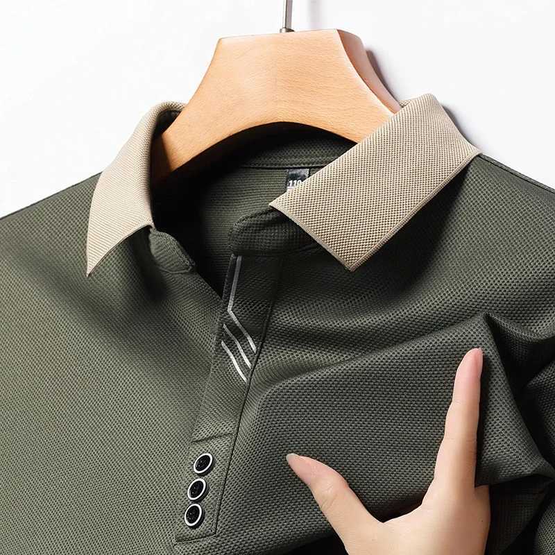 Autumn New Mens Long-sleeved Polo Shirt Business Casual Slim Elastic Top Fashion Classic Solid Color Male Brand TeesXJ240906
