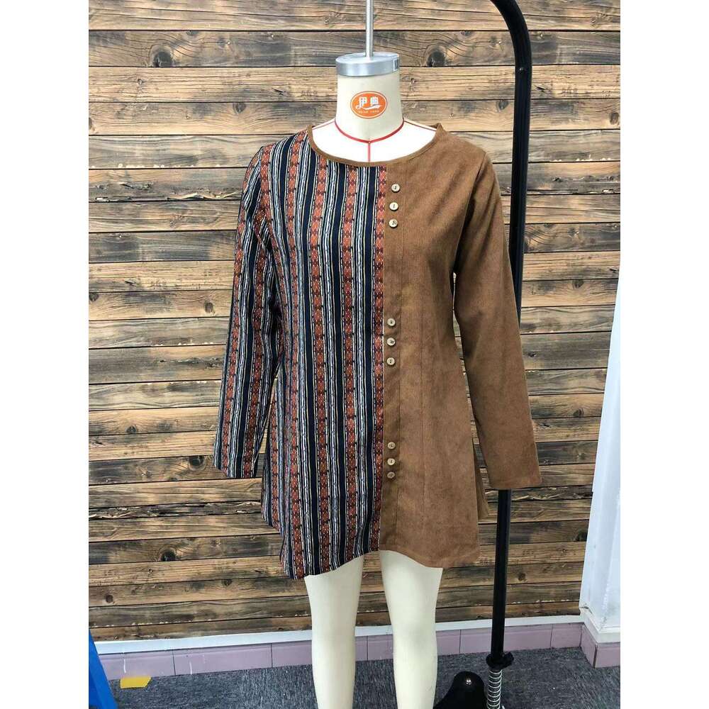 2024 New Corduroy Round Neck Long Sleeve Shirt Top
