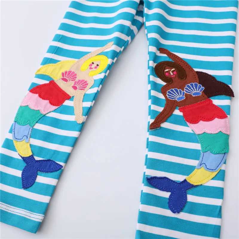 Jumping Meters Girls Blue Leggings Pants Mermaid Embroidery Autumn Spring Full Length Kids Trousers Stripe Toddler Pencil Pants Y240906