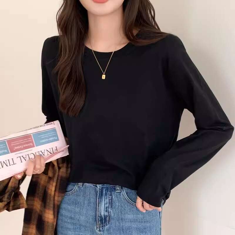 Cotton long sleeved T-shirt women loose layering for autumn winter bottom layer shirt solid color mens and womens top T