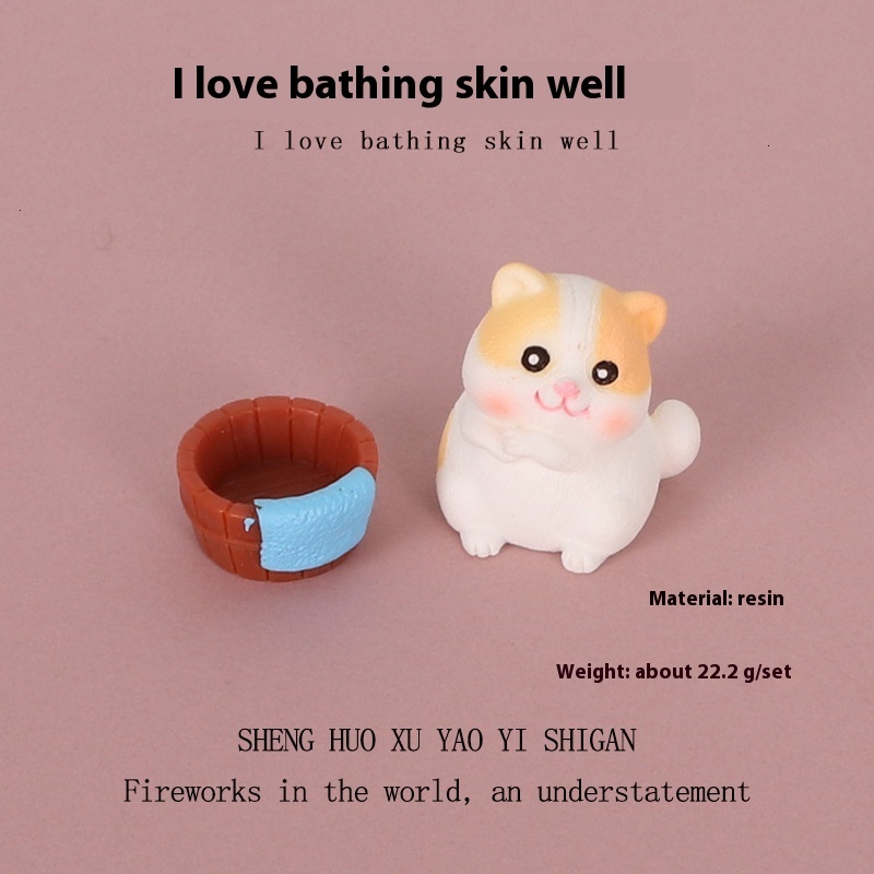 Cartoon mini kitten, cat food, bath basin, miniature scene, resin creative crafts, office desktop ornaments