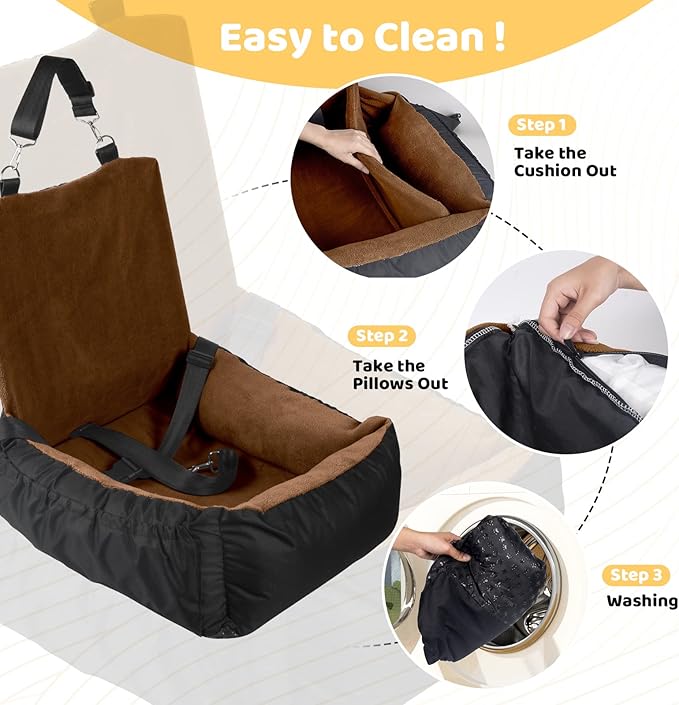 Dog Car Seat, Pet Car Seat with Storage Pockets and Clip-On Safety Leash, Washable Coral Fleece Booster Seat for Small Medium Dogs for Travel