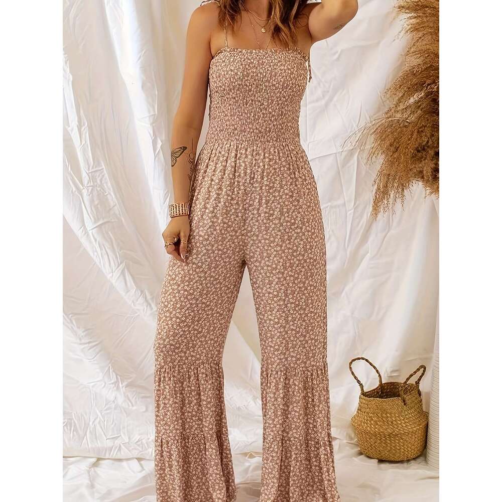 2024 Spring/Summer Thin Shoulder Strap Hoodie Wide Leg Floral Bohemian Style High Waist Folded jumpsuit Women