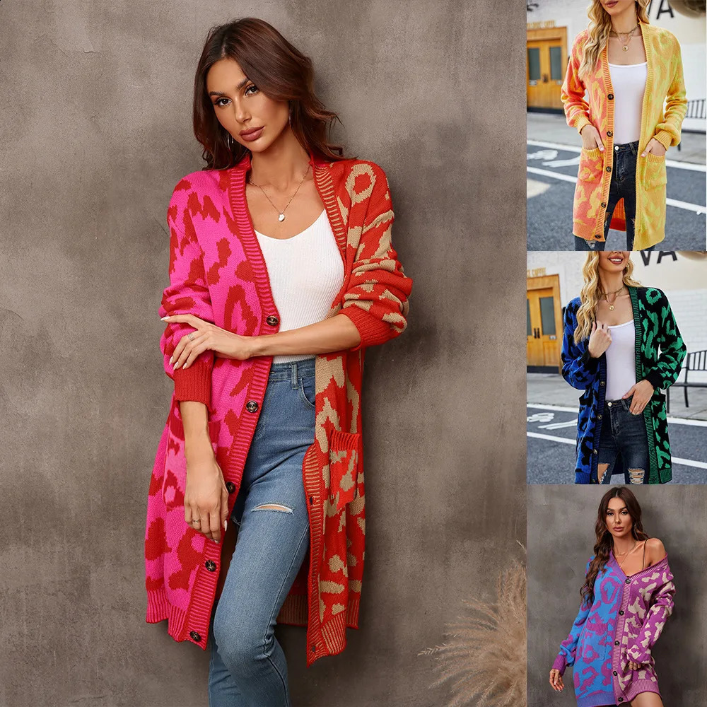 Womens Knitted Open Sweater Vneck Full Sleeve Printed Midi Jumper Thick Splicing Single Chest Regular Winter 240905
