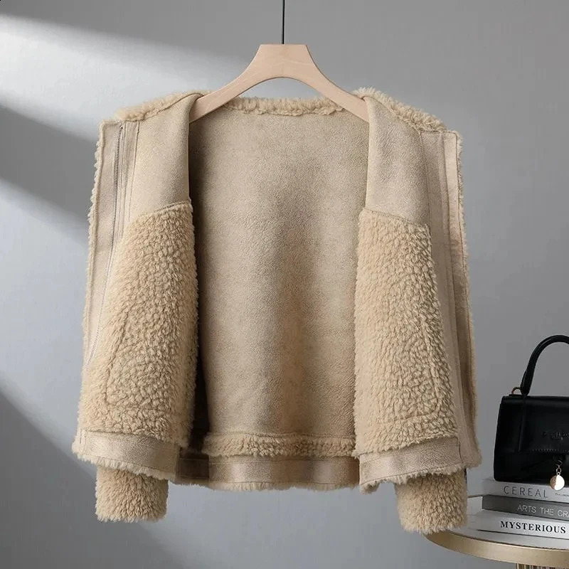 Autumn Winter Cashmere Jacket Womens Fashion Splicing Coat Top Bomber Wool Suede 240905