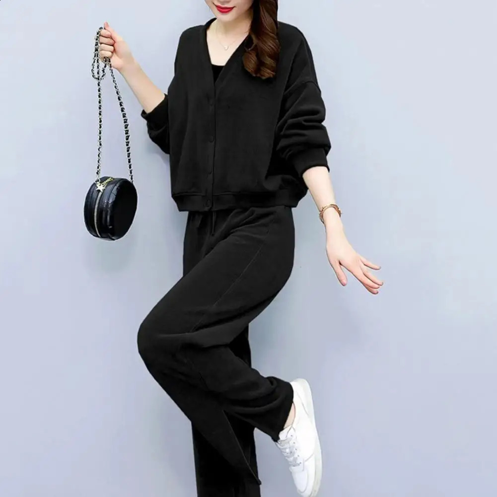 Casual two-piece elastic waist pants set for womens winter cardigan pants set single breasted jacket wide legs suitable for autumn 240903