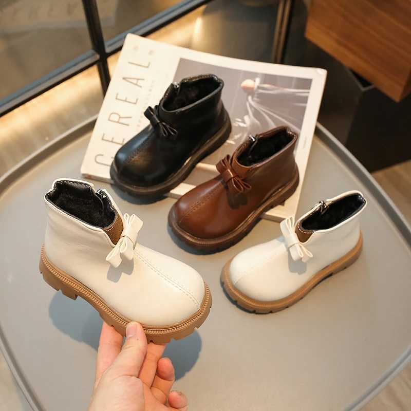 New Girls Ankle Boots Winter Shoes for Kids Princess Leather Shoes Child Bowtie Plush Warm Snow M240906