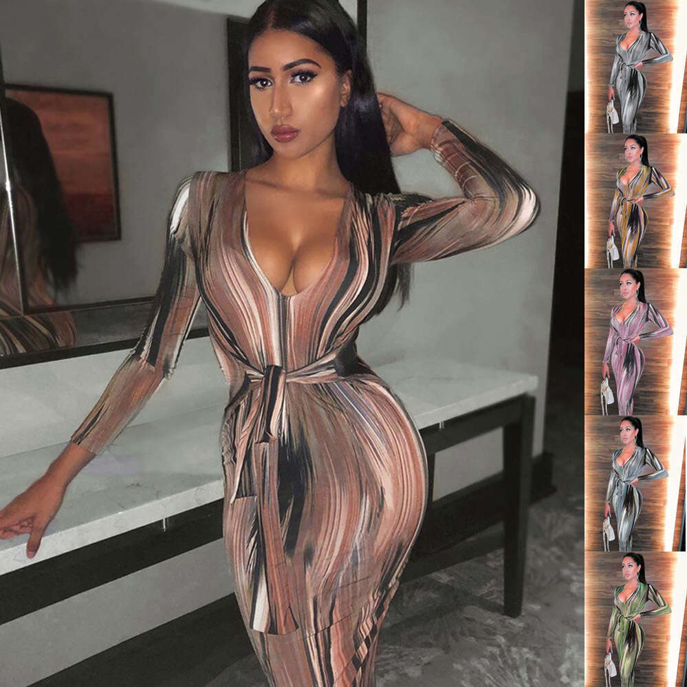 French skirt 2023 spring new style female sexy temperament personalized printed long sleeved V-neck dress women's clothing