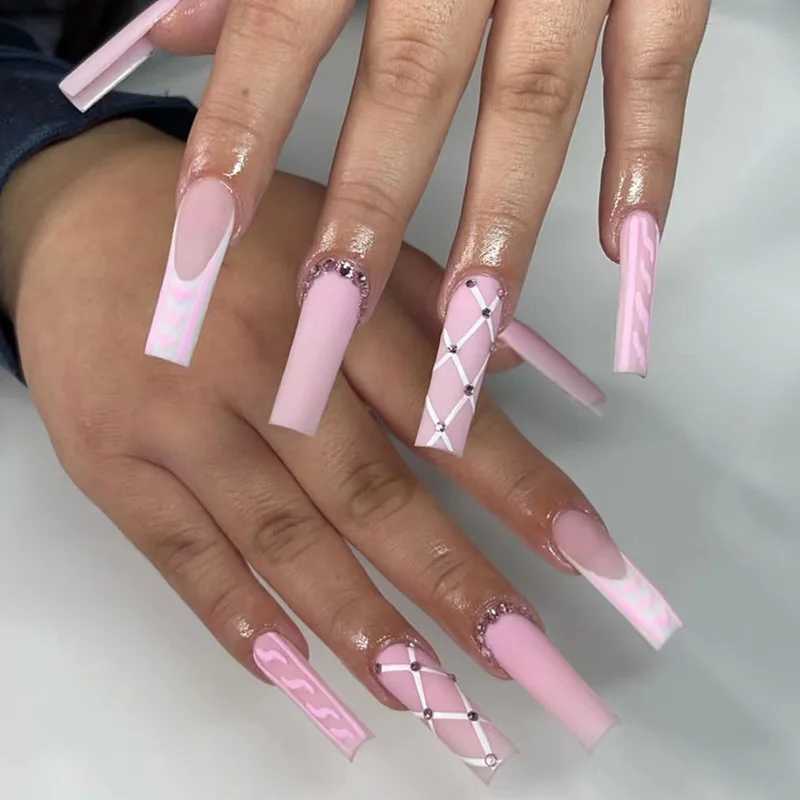 24 pieces of long ballet fake nails simple brown fake nails with diamond design on the nails wearable press complete set of ergonomic tips W240905