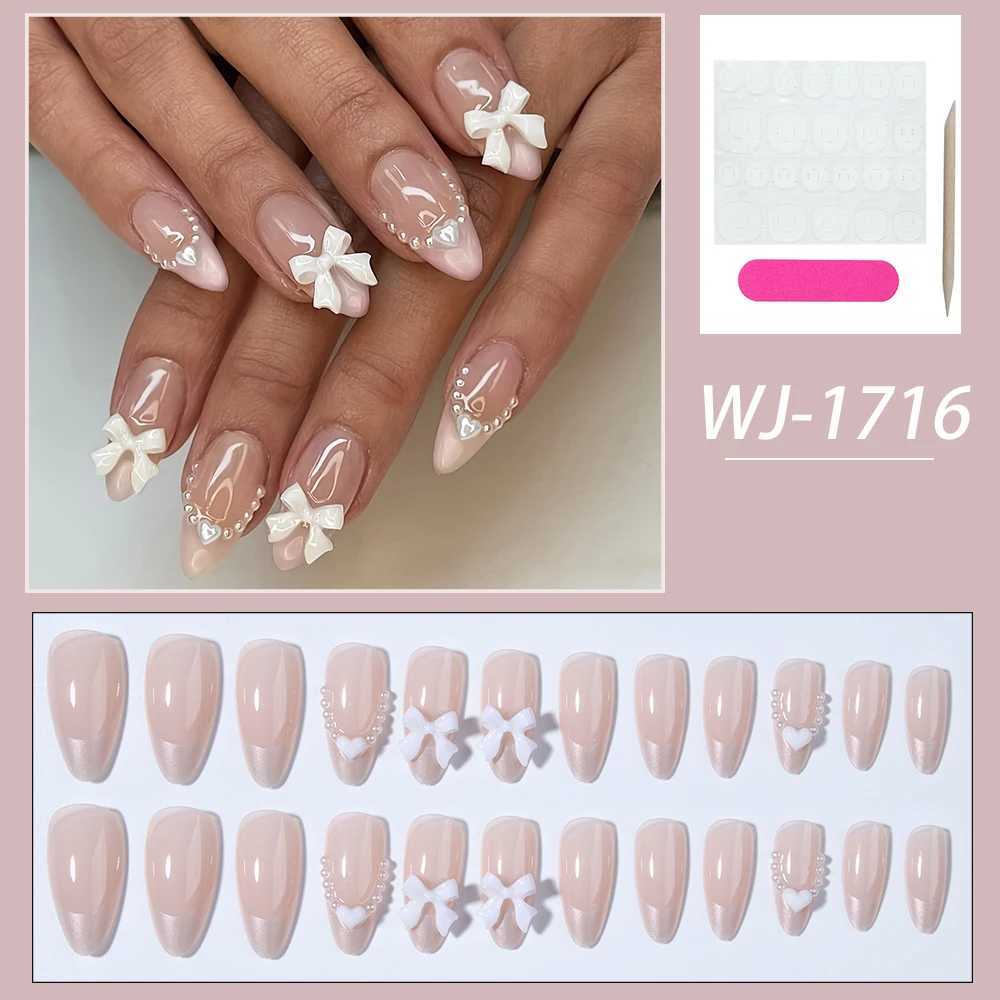 24 pieces of medium to short fake nails pink diamond nails 3D white bow pearl love design Y2K nail press suitable for women W240905