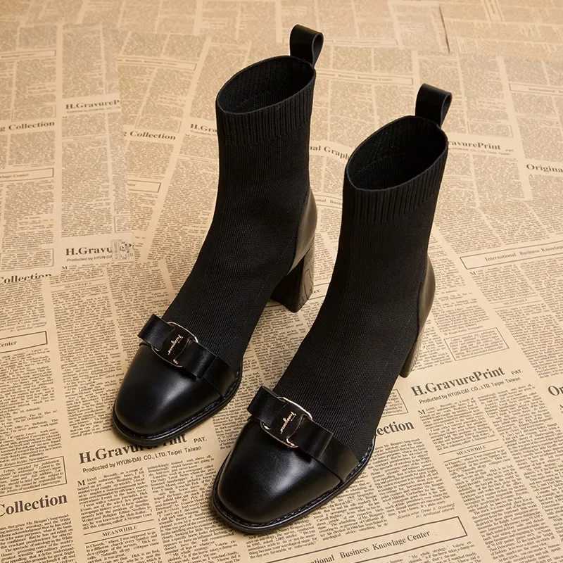 Autumn Womens Knitted Ankle Boots Fashion Metal Decorative Weight Loss Short Boots Autumn Winter Womens Thick Boots CL240906
