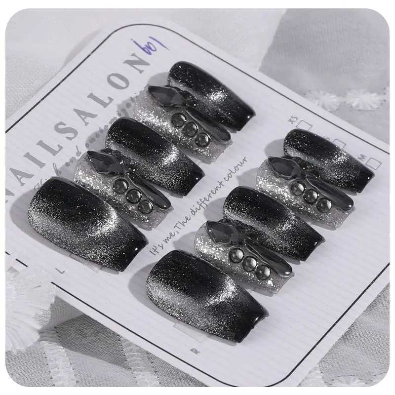 Full cat eyes fake nails short style hand woven nails displaying white and dark colors finished nail patches W240905