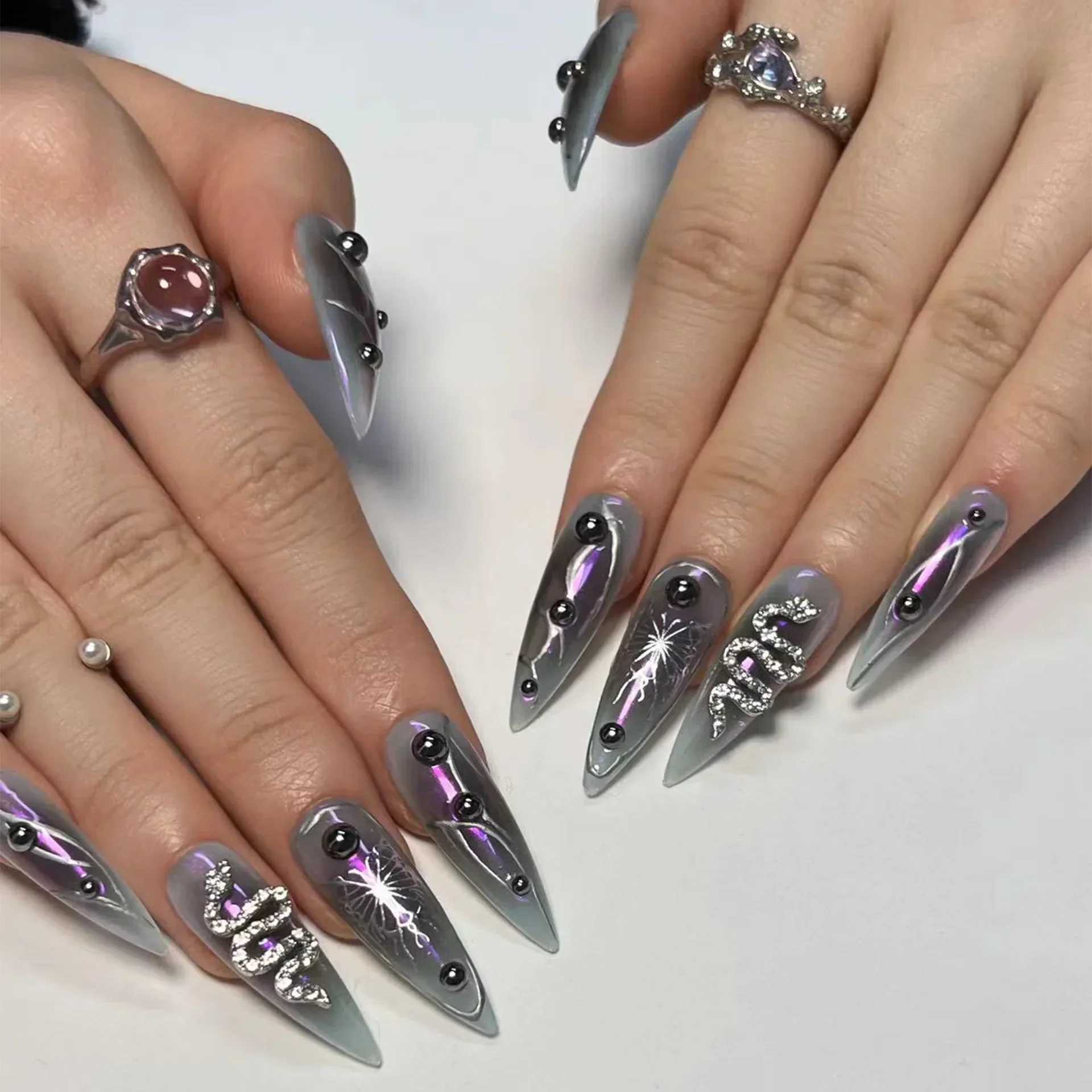 24 pieces of French almond fake nail glitter with rhinestones wearable fake nails easy to craft complete set of pressing nail tips W240905