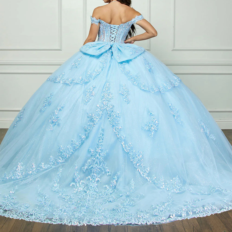 Sky Blue Quinceanera Dresses Ball Gown Applique Lace Beading Crystals Bow Tull Corset Sweet 16 Dress Vestido De 15 Anos