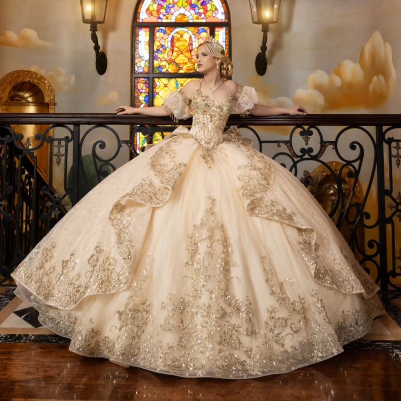 Champagne Beading Tassel Ball Gown Quinceanera Dresses Off The Shoulder Sequined Appliques Lace Tull Vestidos De 15 Anos Sweet 16