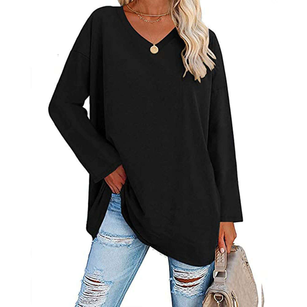Extra large t-shirt 2022 new multi-color loose shoulder sleeves V-neck solid color womens top