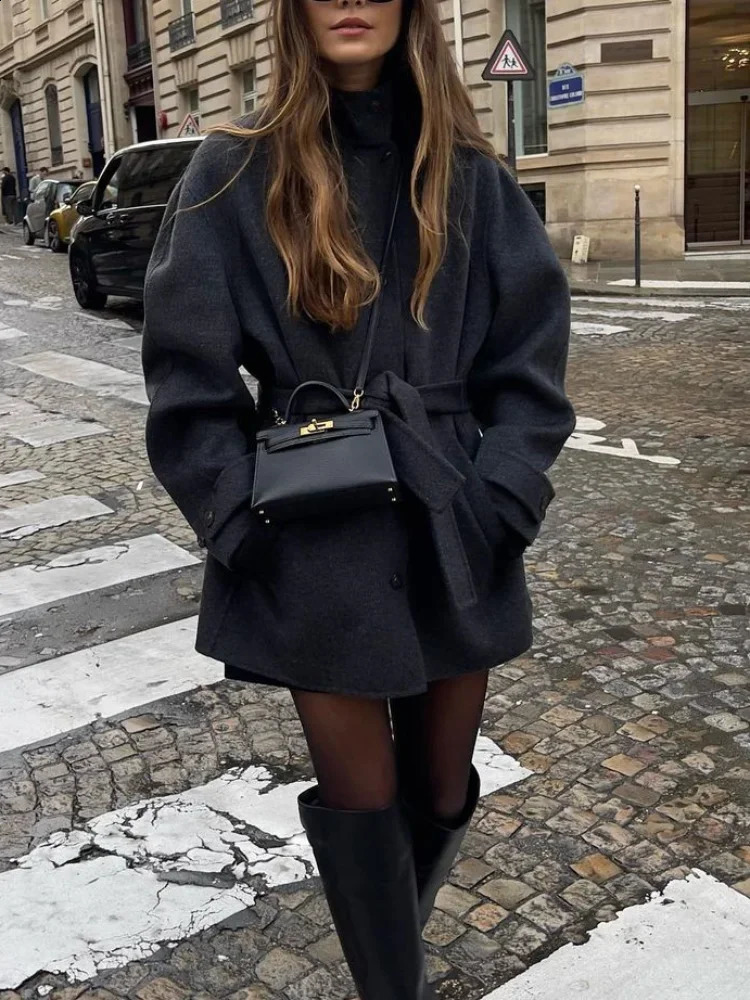 Fashion Woolen High Collar Jacket With Belt Women Casual Long Sleeves Single Breasted Slim Coat Autumn Street Female Outwear 240905