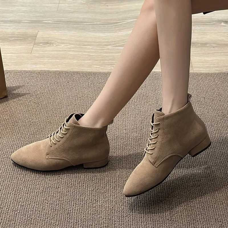 New Spring/Autumn 2024 Womens Boots Pionted Toe Low Heel Shoes Suitable for Women Outdoor Office Women Lace Upper Ankle Women Modern Boots CL240906