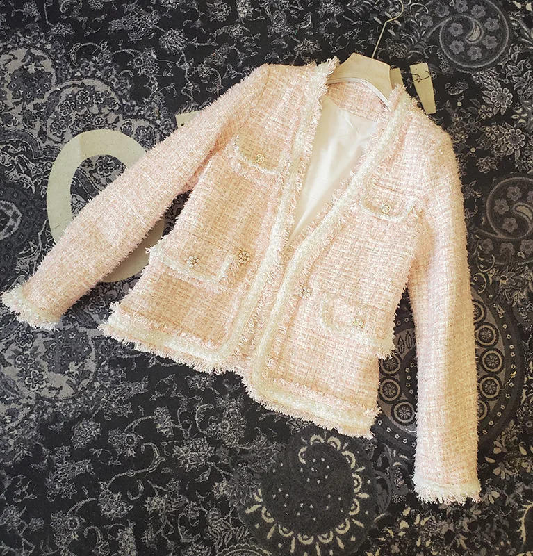 y French Small Fragrance Pink Jacket Women Autumn Fashionable Tassel Brushed Tweed White Coat Female Casaco Feminino K3079 240904