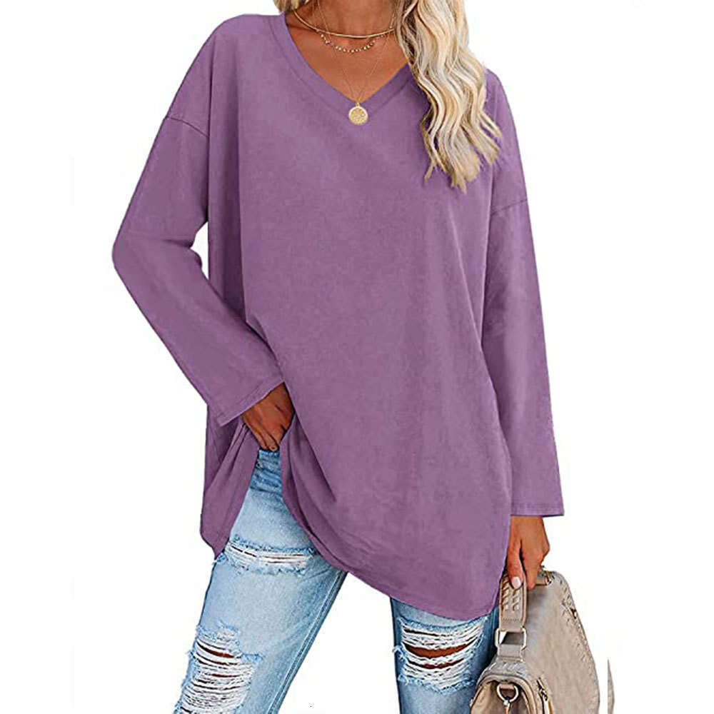 Extra large t-shirt 2022 new multi-color loose shoulder sleeves V-neck solid color womens top
