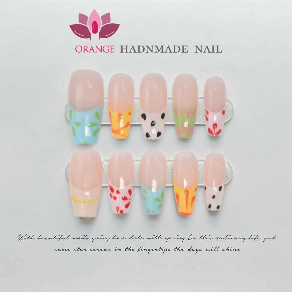 Handmade almond pressed on nails reusable French colored fake nails fully covered artificial ergonomics wearable orange nail store W240905