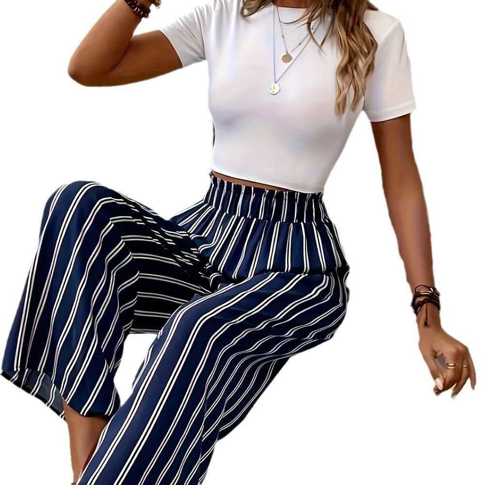2024 striped wide women's casual summer new high waisted straight leg loose pants long women