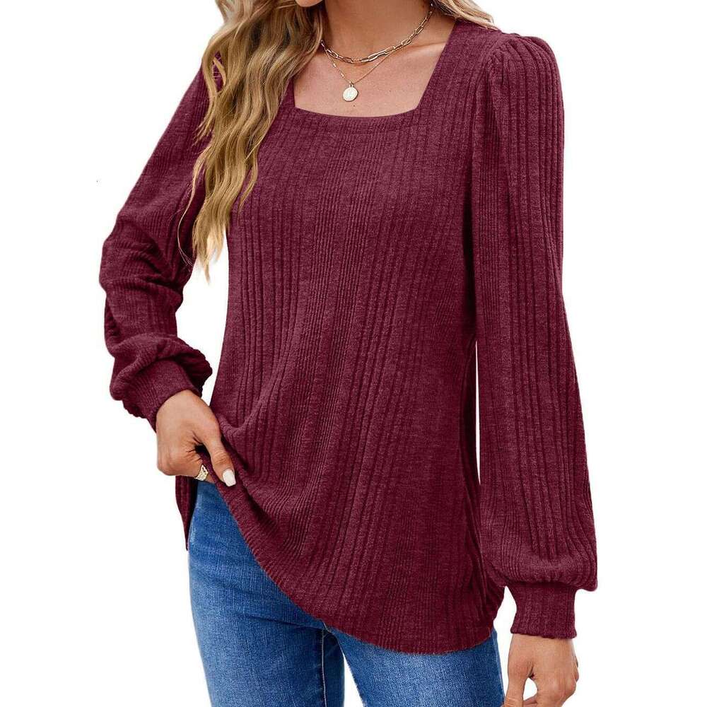 2024 Temu Autumn/Winter New Product Women's Pit Bar Square Collar Fashion Casual Long Sleeve Top