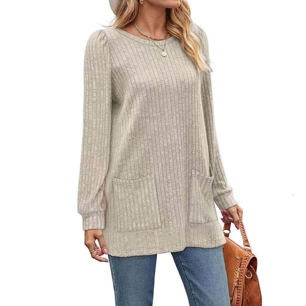 2024 Autumn/Winter New Pocket Top Loose Casual Bubble Sleeve T-shirt for Women
